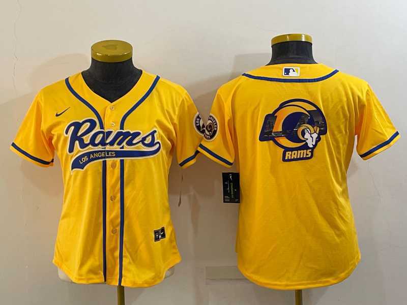 Womens Los Angeles Rams Yellow Team Big Logo With Patch Cool Base Stitched Baseball Jersey